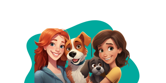 Image of two avatars and two dogs with the Zephyr Games logo